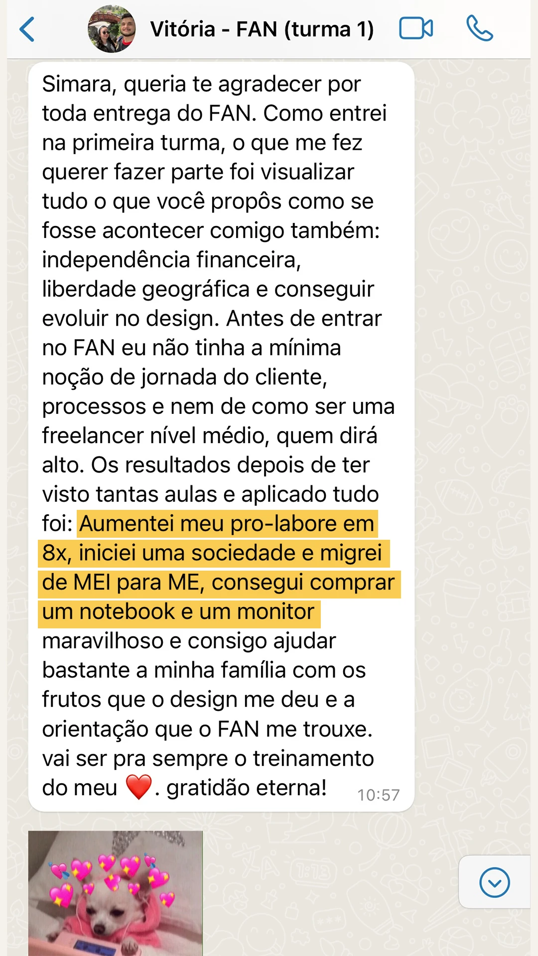 Depoimento de Vitória, turma 1 do FAN: aumentou o pró-labore em 8 vezes, abriu sociedade, migrou de MEI para ME e comprou notebook e monitor.