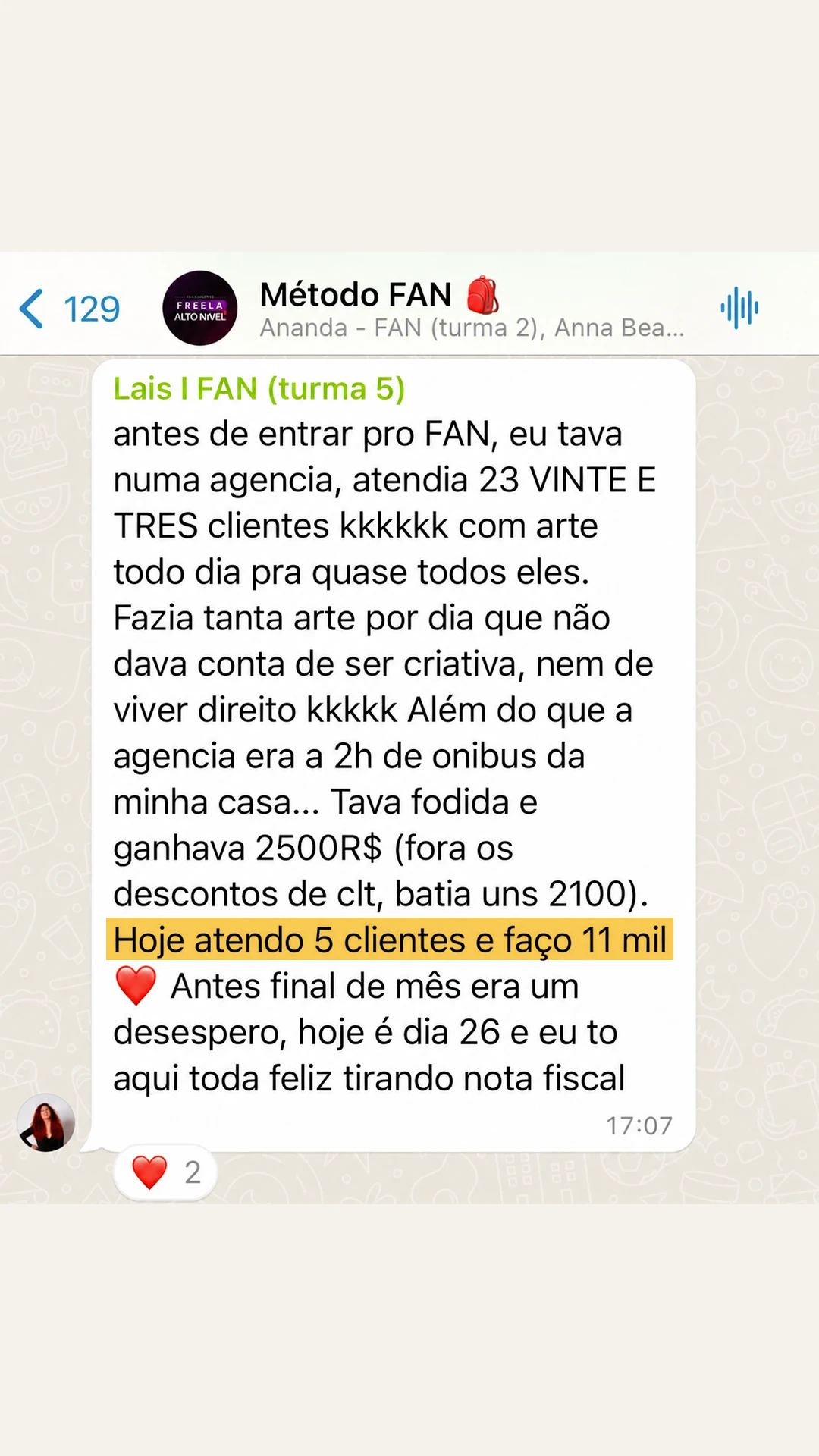 Depoimento de Lais, turma 5 do FAN: saiu de uma agência com 23 clientes e 2.500 reais para atender 5 clientes e faturar 11 mil.