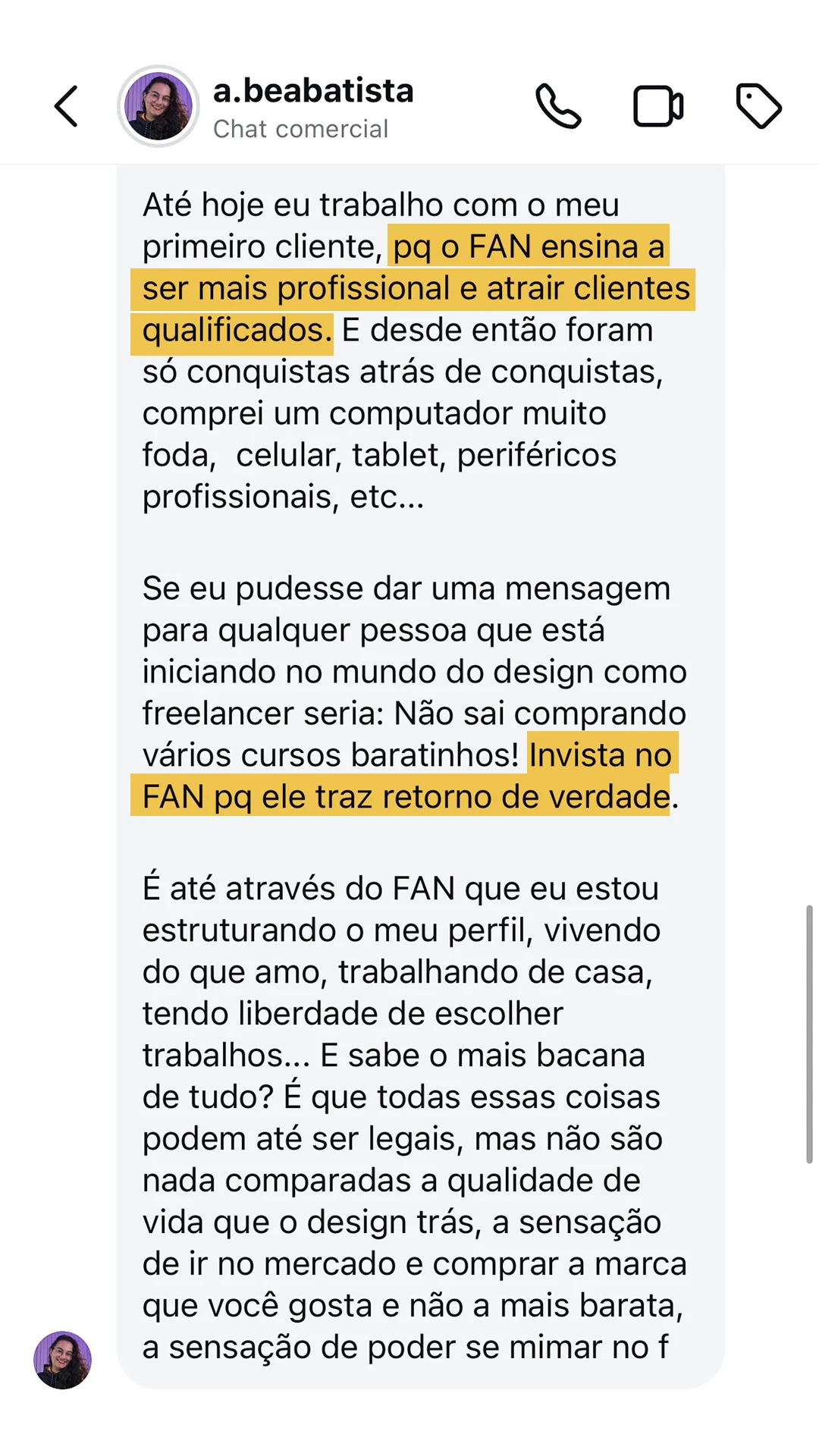Depoimento de Bea Batista: o FAN ensina a ser mais profissional e atrair clientes qualificados; investir no curso traz retorno de verdade.